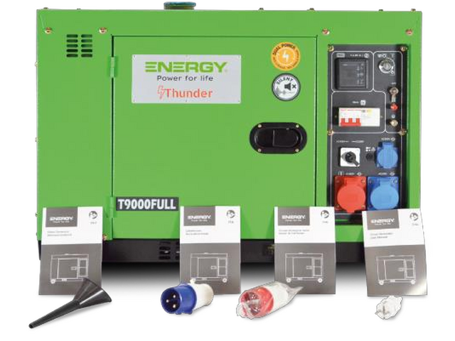 Stromerzeuger Diesel 9kVA dreiphasig 400V und 7kVA einphasig 230V verfügbar 50Hz
Dieselmotor Diesel Stage V(Stage V), Elektrostart, 14 Liter Tank
brushes Generator mit AVR Regelung
Schallverhaubung, Batterie im Lieferumfang enthalten, Ölmangel Schutz, Überlastschutz, ATS Anschluss, FI, div. Anzeigen, Steckdosen 1x CEE 32A 230V, 1x CEE 16A 400V, 1x Schuko